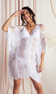 White Beach Threads with side fringes/ Swimsuit Cover Ups